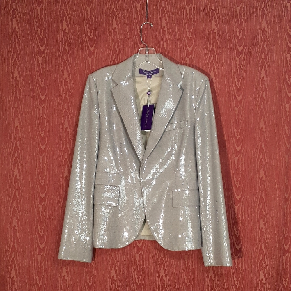 RALPH LAUREN PURPLE LABEL Silver Gray Sequin Blazer I Button Women's Sz 2